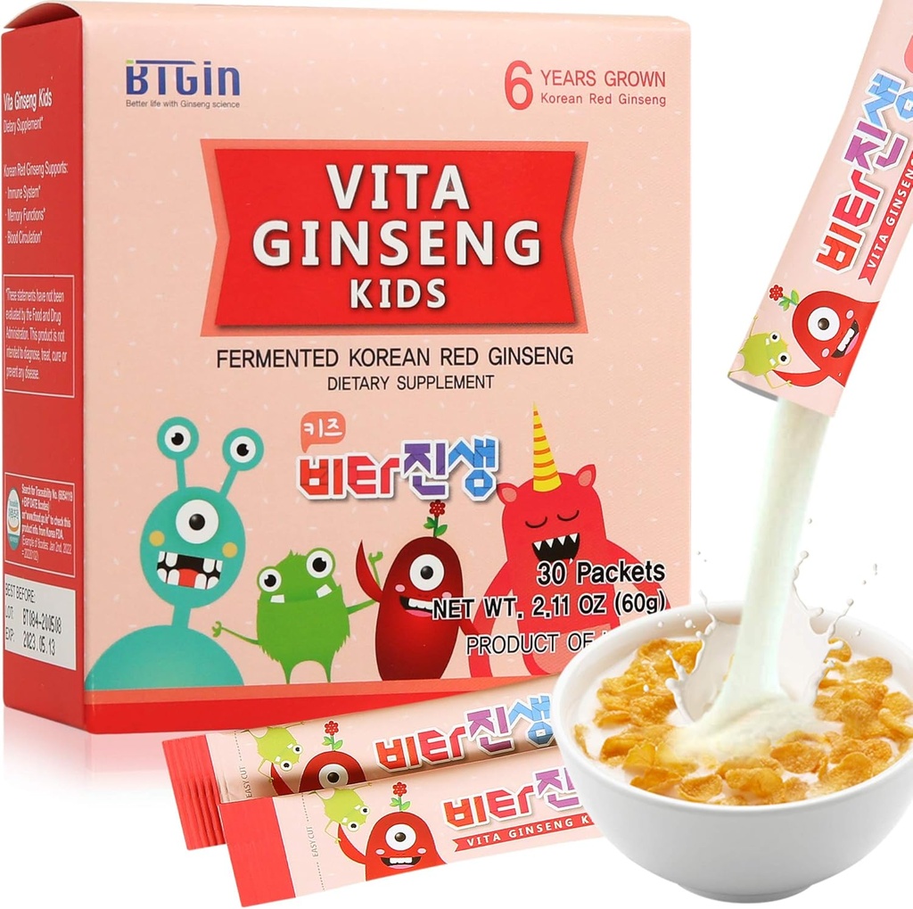 Vita Ginseng Kids, Vitamine D, Zinc, 7 baies, Banana, 20 légumes, Lait en poudre pour le soutien immunitaire, focus et boost mémoire, 30 paquets (1Set)