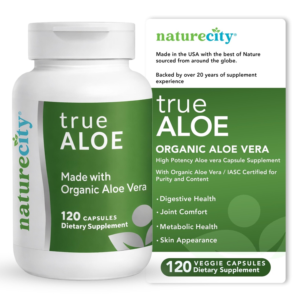 NatureCity True-Aloe Gut Health Support – 80 000 mg Aloe Vera Gel équivalent par portion – Aloe Vera biologique (120 capsules) pour le soutien digestif, cutané et articulaire