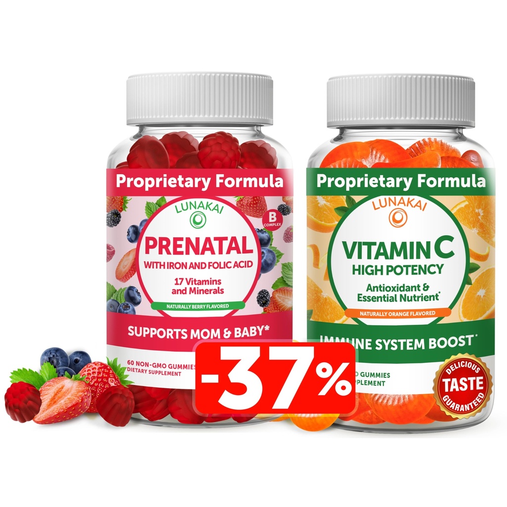 Lunakai Prénatal et Vitamine C Gommies Bundle - Supplément multivitamine de grossesse avec fer et acide folique - 300mg Organique, non-OGM, Gummy à croquer végétalien - 30 jours d'approvisionnement