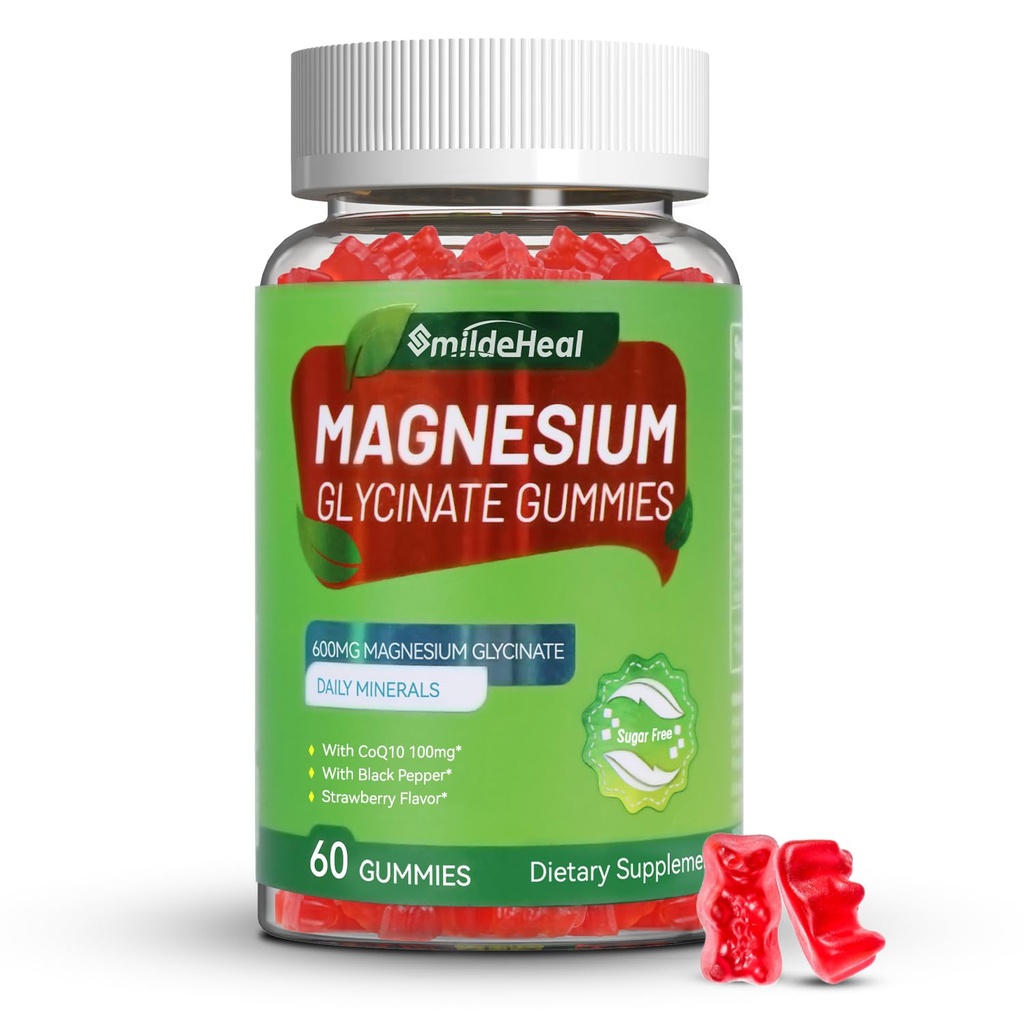 Glycinat de magnésium 600mg pour les femmes et les hommes, avec Magnésium L-Thréonate 300mg, CoQ10 et poivre noir, Vegan (60 comte)