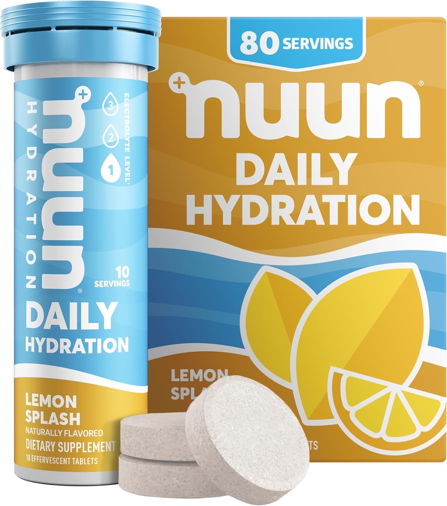 Nuun Comprimés électrolytiques quotidiens avec Magnésium, Calcium, Potassium, Chlorure et Sodium, Sans gluten, Sans sucre, & Vegan, Saveur à éclats de citron, 8 Pack (80 portions Total)