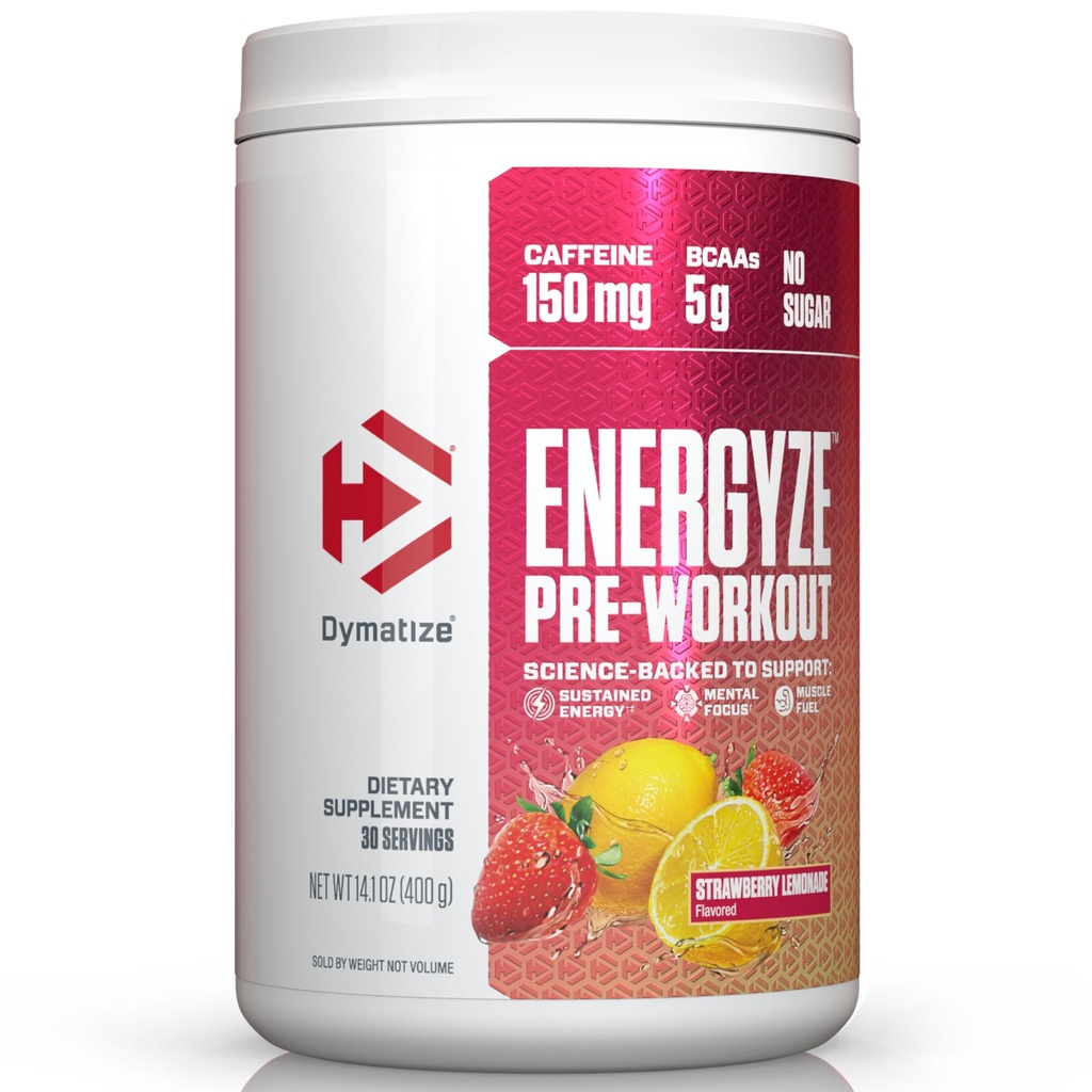Dymatize Energyze Pre Workout Pulver für Männer und Frauen, Erdbeere Lemonade, 150mg Koffein, 5g BCAAs, Performance Blend von L-Theanin, L-Tyrosin, L-Citrulline, kein Zucker (30 Servierungen)