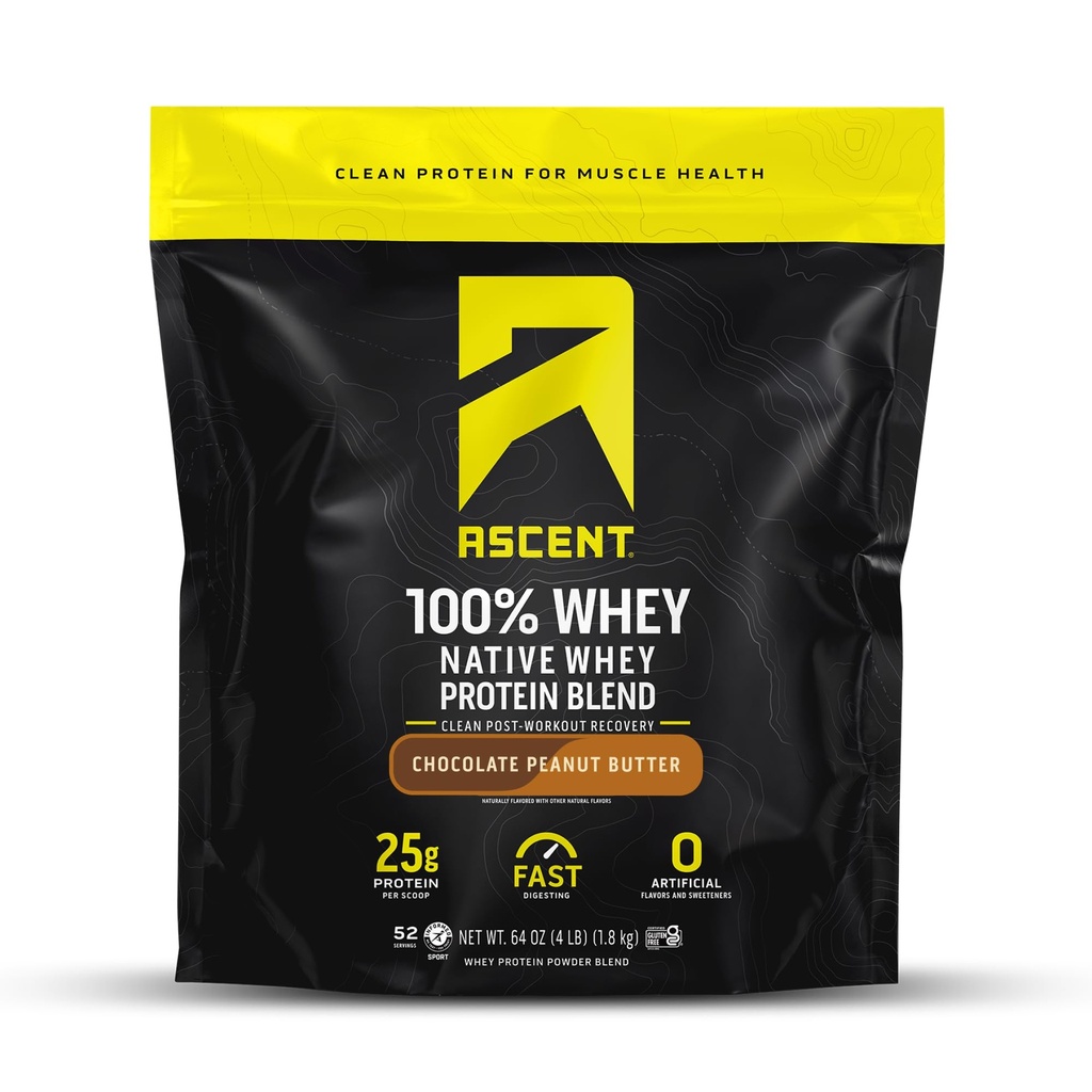 Ascent 100% Whey Protein Powder - Post Workout Whey Protein Isolate, Zero Artificial Flavors & Sweeteners, Glutenfrei, 5.5g BCAA, 2.6g Leucine, Essential Amino Acids, Chocolate Peanut Butter 4 lb