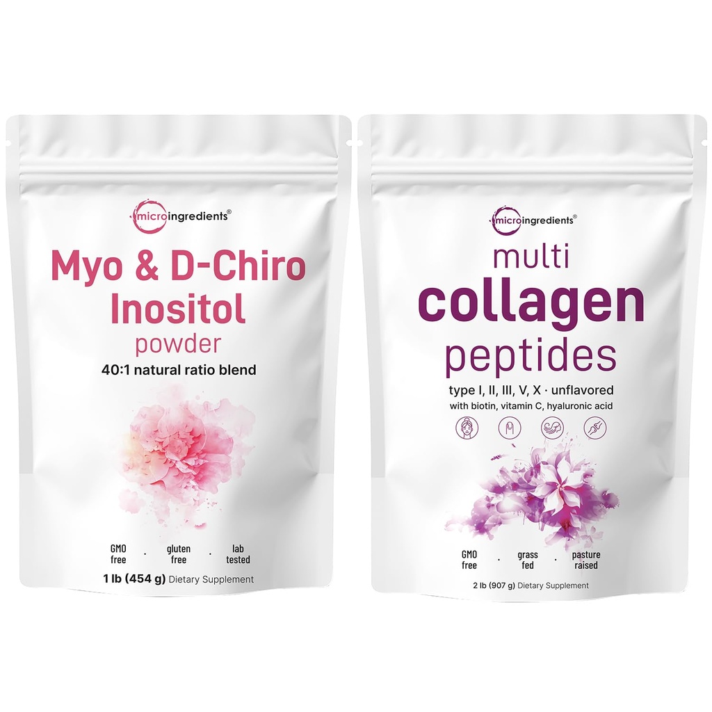 Micro Ingredients Multi Collagen Protein Powder 2lbs & Myo & D-Chiro Inositol Powder Bundle 2 Pack | Grass-Fed Collagen Peptides | Inositol Supplement für Damen