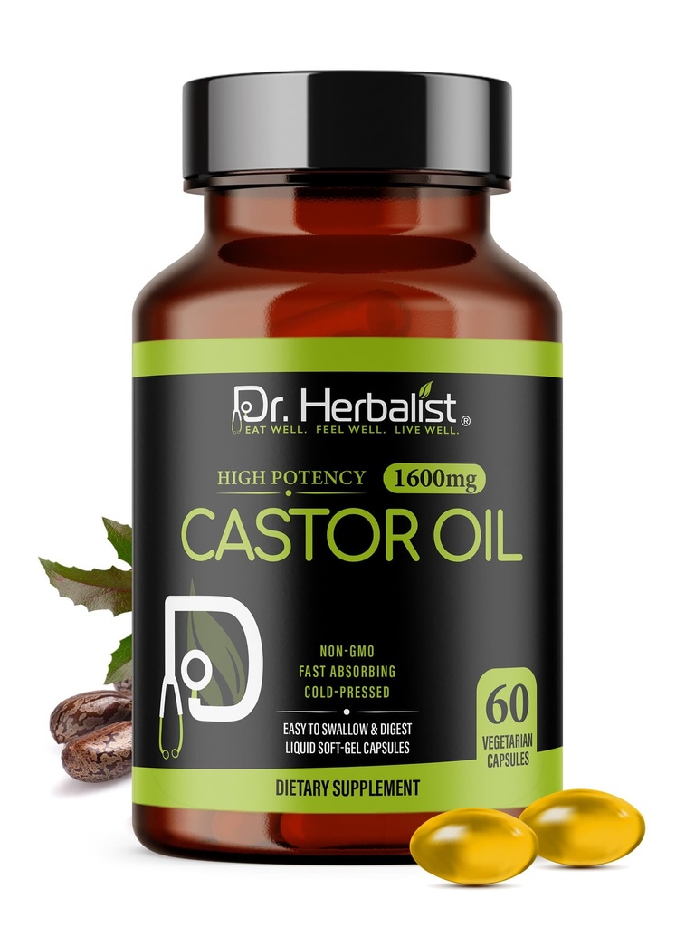 Dr. HERBALIST Castor Oil Capsules - 1600mg pro Servierung, 60 Count - Non-GMO, Fast-Absorbing, Vegetarisch, Kalt-Pressed und Hohe Potenz - Unterstützt Haut, Haar, natürliche Laxative und Verdauungsgesundheit