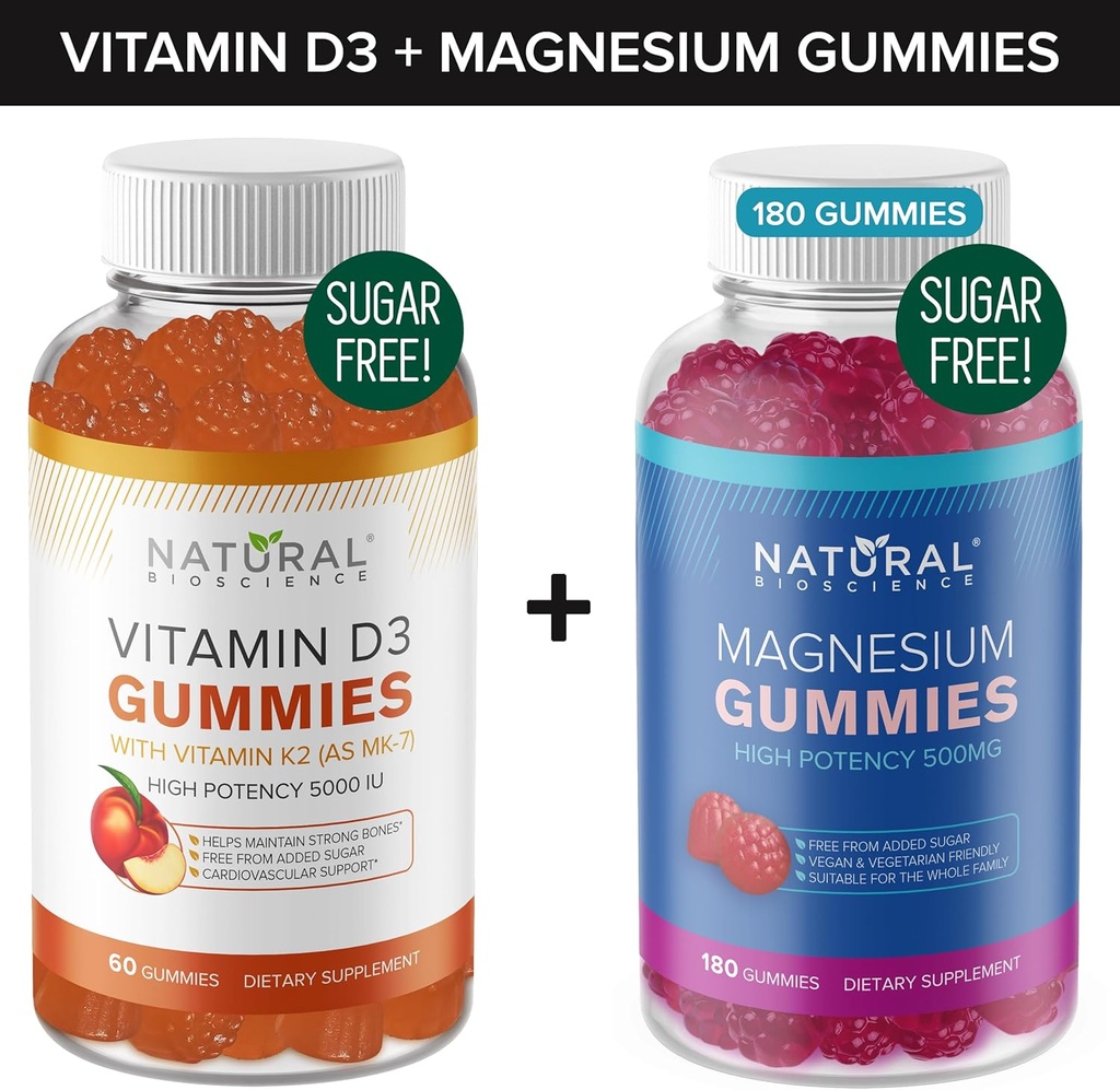Zuckerfreie Vitamin D3 K2 Gummie (60 Gummie) und Zucker freie extra Stärke Magnesium Gummie (180 Gummie), Vitamin D3 Gummie 5000 IU+K2 MK7 80 mcg, Magnesium Citrate Gummis 500 mg