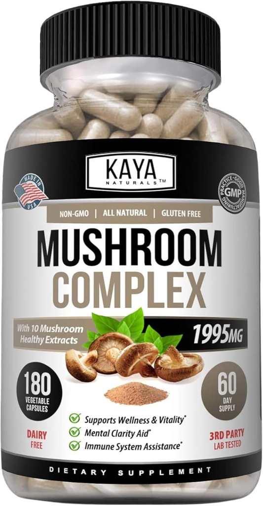 Kaya Naturals Premium Pilz Complex Potent - Pilz-Ergänzung - Pilz Complex Kapseln 1995mg pro Servieren - Aids Mental Clarity unterstützt Immunsystem, Wellness & Vitalität - 180 Count