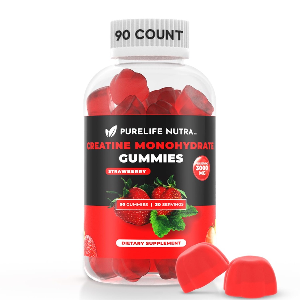 Creatine Monohydrate Gummi - 3g Servieren, Zuckerfrei, 90 Count, Non-GMO, Entworfen für Männer & Frauen, Glutenfrei, Non Bloating - Vegan, Halal, Kosher. (90 Units, Erdbeere)