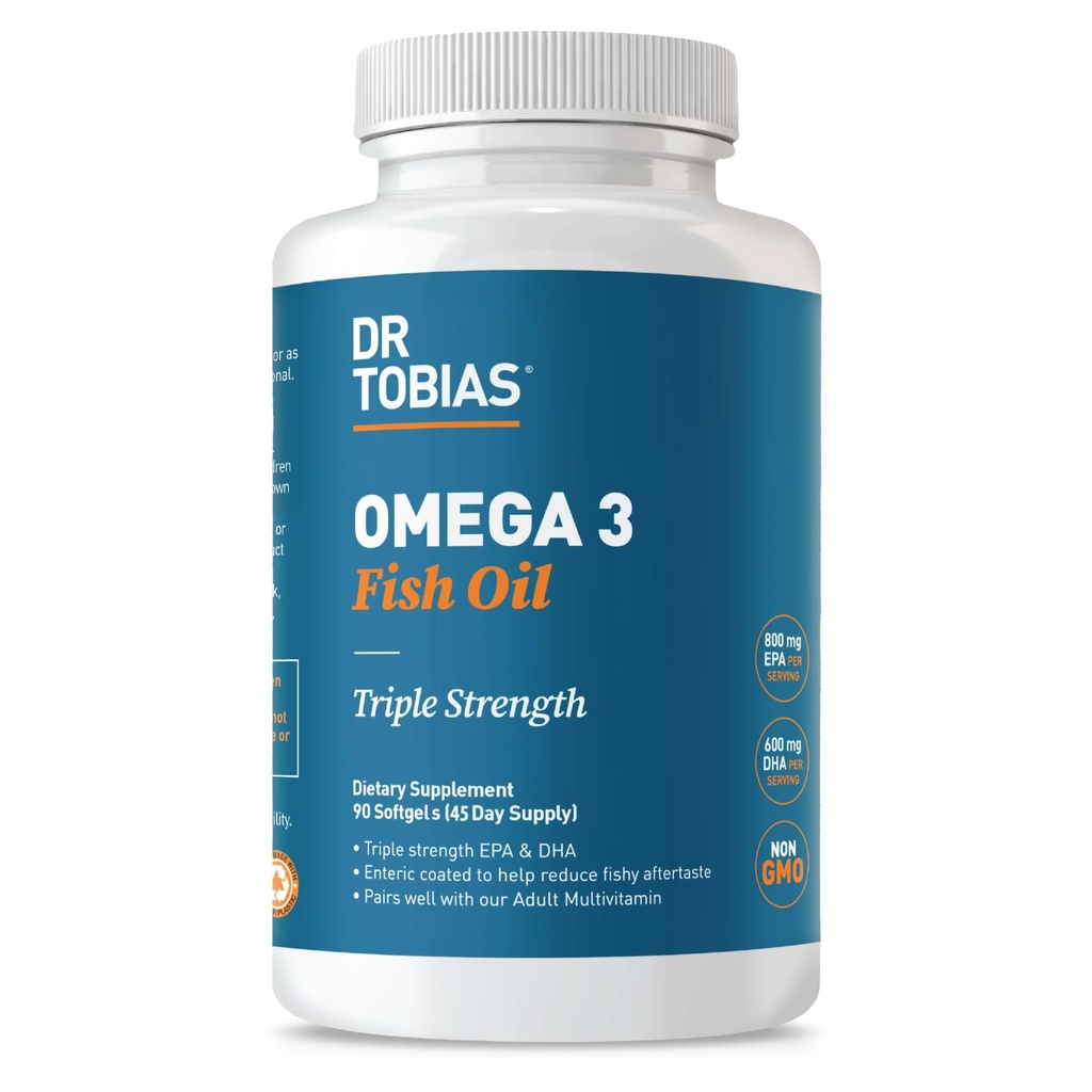 Dr. Tobias Omega 3 Fish Oil, 2000mg Triple Strength mit 800mg EPA 600mg DHA Per Servieren, Fish Oil Omega 3 Ergänzungen für Herz, Gehirn & Immununterstützung, 90 Softgels, 45 Servietten