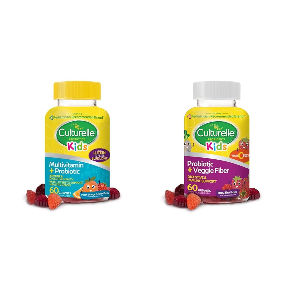 Gommies probiotiques pour les enfants de 2 ans et plus - Pêches-Orange et fruits de mer mélangés et probiotiques quotidiens pour les enfants + Gommies de fibre de veggie (Âges 3+) - 60 comtes - Digestive