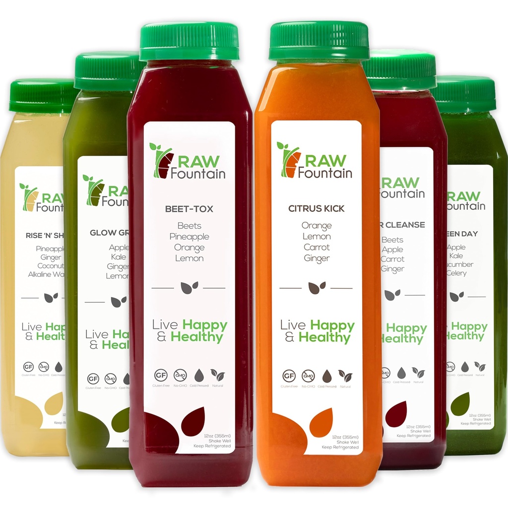 1 Day Juice Cleanse by Raw Fountain, All Natural Raw Detox Cleanse, Juicing for Body Reset, Cold Pressed Juice Fast, Great Way to Jumpstart a Healthy Diet 6 Bottles 12oz