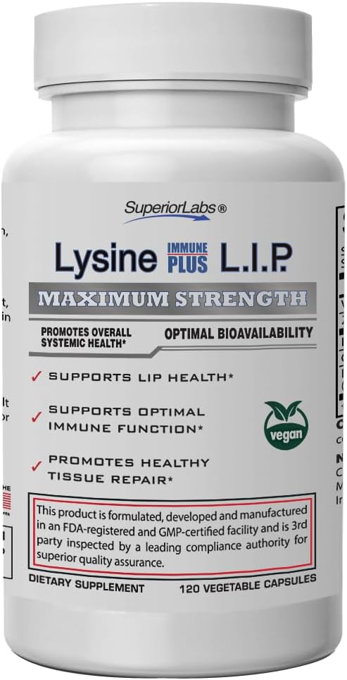 Superior Labs Lysine Immune Plus Lip, Clinical Proven Lip Health & Support, L-Lysine Bound zu HCI für optimale Stabilität und Absorption für schnelle Ergebnisse, bioaktiv mit Zero Harmful Additives