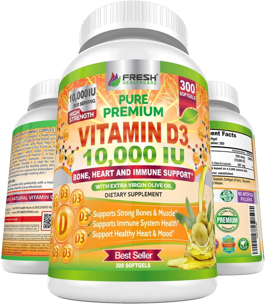 Frisches Gesundheitswesen Vitamin D3 10000 IU (250mcg) mit extra nativem Olivenöl - Immununterstützung - 300 Softgels für Gelenke, Knochen, Muskel- und Mood-Gesundheit - Non-GMO Vitamin D Supplement