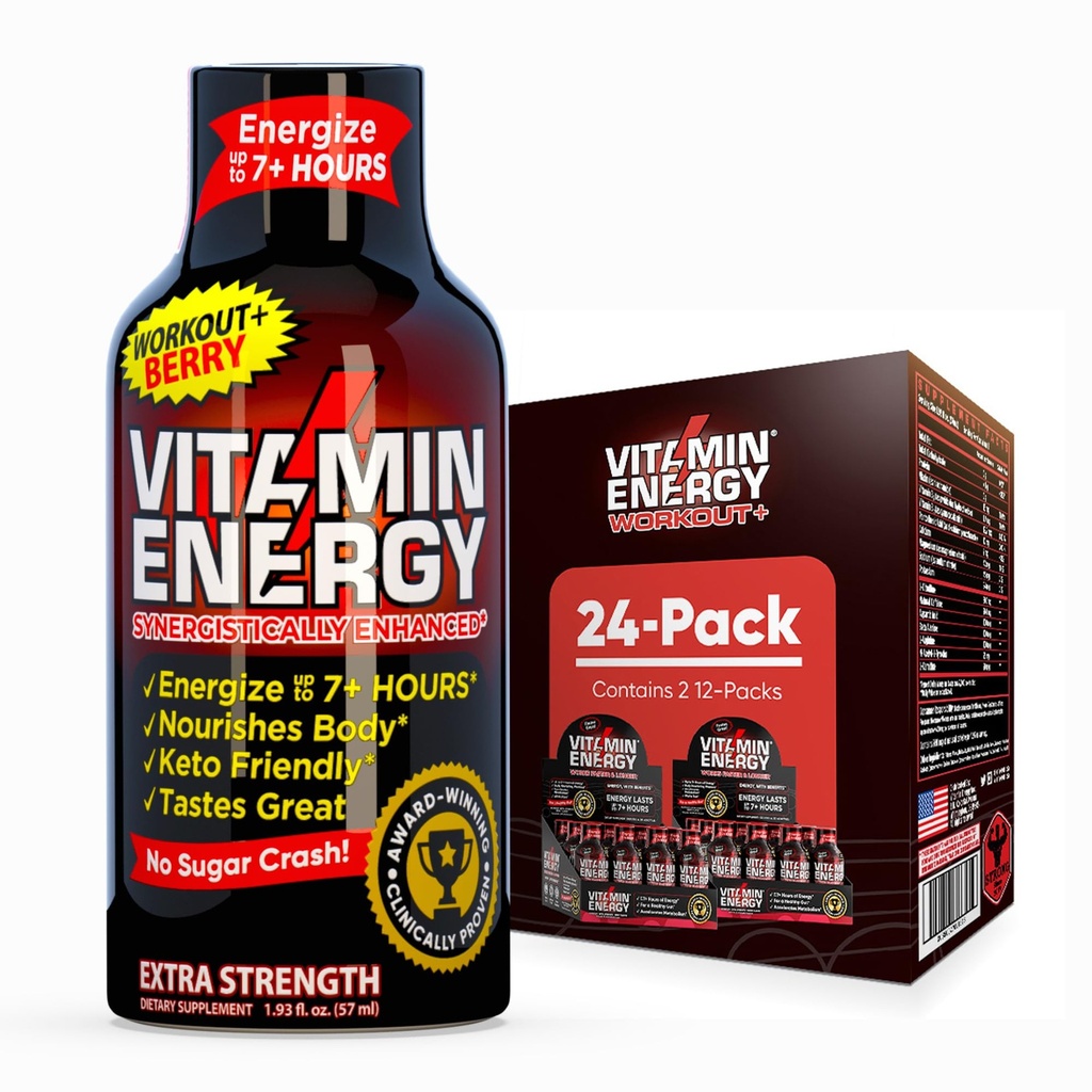 Vitamin Energy Workout+ Extra Strength Energy Shot Berry 24 Pack, 260mg Natürliche Koffein, Pre-Workout, B-Vitamine, Mineralstoffe, Endurance & Performance, Zero Sugar, Gluten-Free, Vegan, 1,93 fl oz