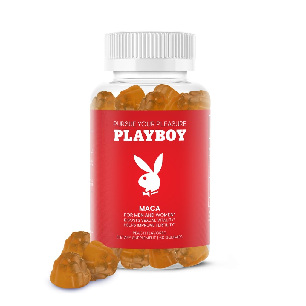 Playboy - Maca Root Gummies pour les femmes et les hommes (60 Comte - Pêche aromatisée) - Boost Vitalité sexuelle, Libido, Fertilité - Maca Gummies Supplément - 100% naturel, végétalien non OGM - 4:1 Extrait Maca Pérouana