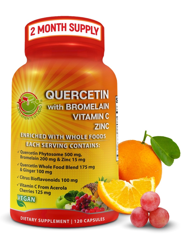 Quercetin with Bromelain – Quercetin Phytosome 500 mg High Absorption Supplement – Immune Support with Vitamin C, Zinc, Ginger & Citrus Bioflavonoids – Organic Whole Food Blend – 120 Capsules