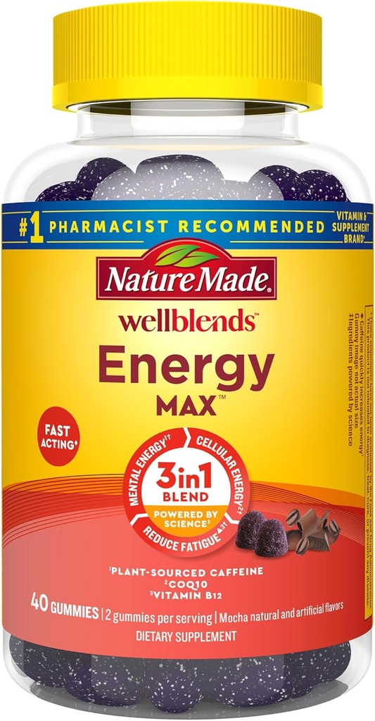 Natur Made Wellblends EnergyMAX Gummis, Fast Acting Caffeine, CoQ10 & Vitamin B12 1000mcg, Energie Unterstützung Gummy Vitamine, 40 Gummis