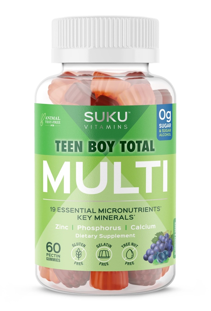 SUKU Garçon Multivitamine Gummies – Vitamines A, B12, C, D3, E, Zinc & Biotine – Supplément végétarien sans sucre pour l'énergie, la croissance, l'immuno-sanitaire et la santé des os – Saveur de raisin – 60 Nombre