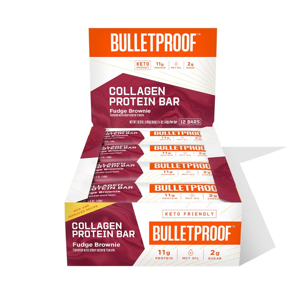 Bulletproof Fudge Brownie Collagen Protein Bars, Paket von 12, Keto-Friendly Snack mit MCT-Öl, Grass-fed Collagen, Kein Hinzugefügt Zucker