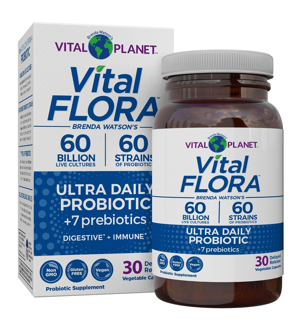 Vital Planet - Vital Flora Ultra Daily Probiotic 60 Million CFU, Diverses souches, Prébiotiques organiques, Immune Support, Bloating Relief, Probiotiques de santé digestive pour les femmes et les hommes 30 Capsules