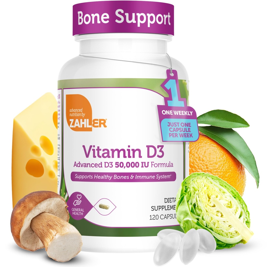 Zahler - Advanced Vitamin D3 50000 IU Kapseln (120 Zähler) Kosher Vegetarisch Freundliches Vitamin D für Immununterstützung, Knochen, Zähne & Muskel Gesundheit - Wöchentliche D3 Vitamin-Ergänzung- Easy Swallow Vitamin D3.