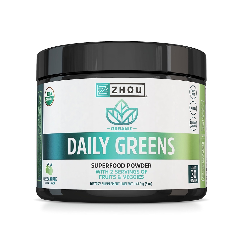 ZHOU Nutrition USDA Bio Supergreens Poudre, Superfood Smoothie Juice Mix, Spirulina, Chlorella, Wheatgrass, Kale, Fibre, Immune et soutien énergétique, Vegan, Non-OGM, 30 portions