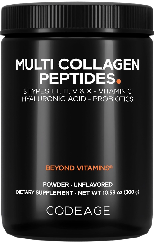 Codeage Peptides Multi Collagène Poudre + Probiotiques Édition noire, Vitamine C, Supplément en poudre d'acide hyaluronique, Herbe-Feed, Hydrolysé, Zéro Carbs, Type I, II, III, V & X, Non aromatisé, 10.58oz