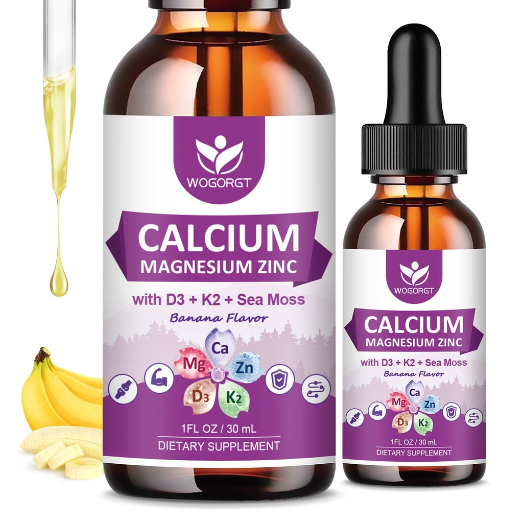 Citrate de calcium 1000mg avec vitamine D3 pour les femmes et les hommes - supplément de zinc de magnésium de calcium liquide D3 K2 pour os, soutien des dents, sans sucre, végétalien, banane parfum - 1 Fl Oz (2 pack)