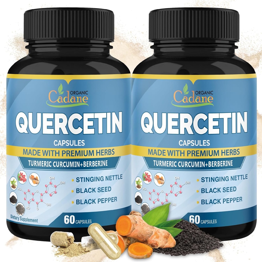 Organic Cadane 2 Packs Quercetin Ergänzungen Kapseln, 6in1 mit Kurkuma, Berberine, Sting Nettle, Black Seed, Black Pepper - Unterstützt Immunsystem - 4 Monate Versorgung