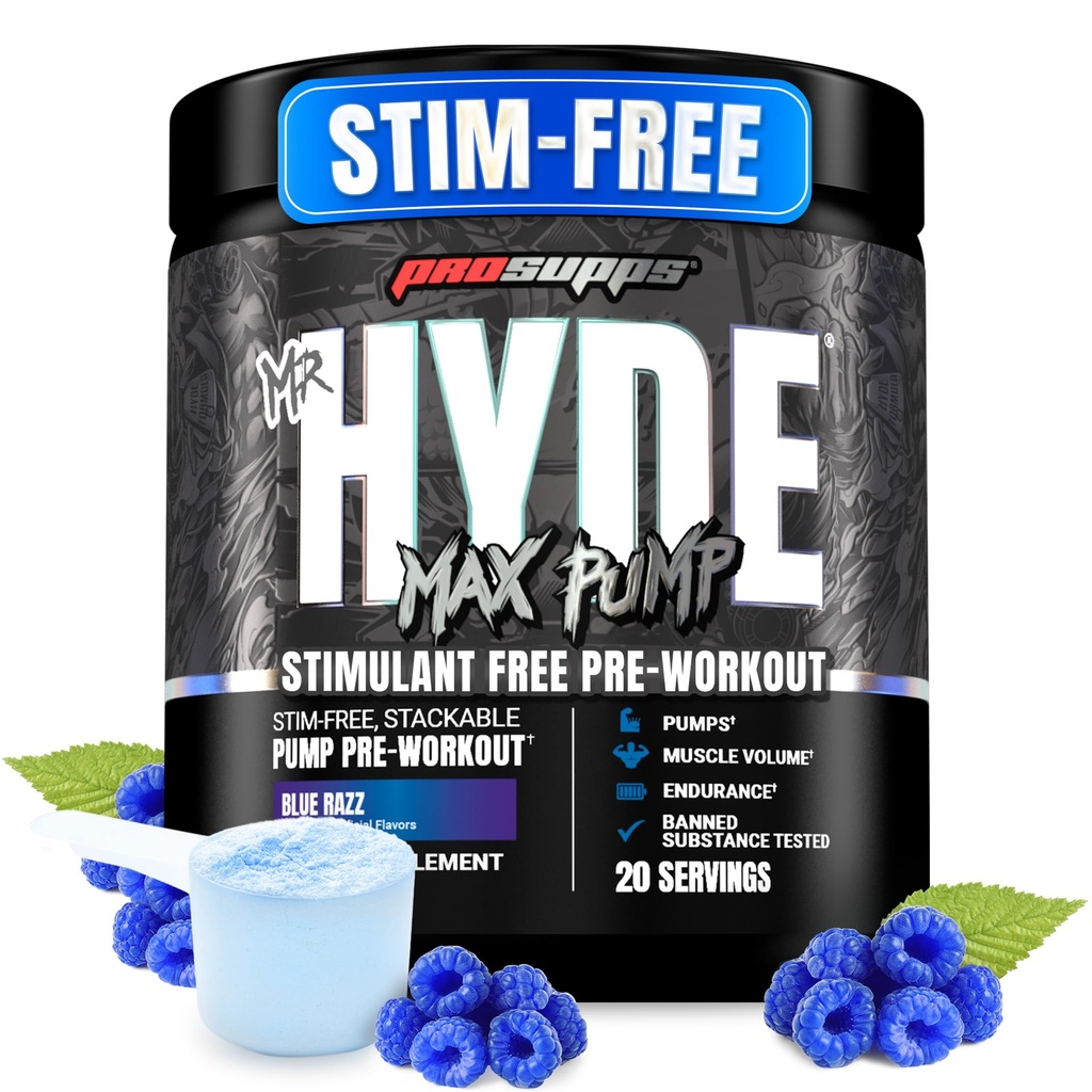 ProSupps Mr. Hyde Max Pump Pre Workout Powder - Stim-Free Preworkout unterstützt Blutfluss, Muskelvolumen & Endurance - Koffeinfreies Nitric Oxid Gym & Fitness Supplements (Blue Razz, 20 Servierungen)