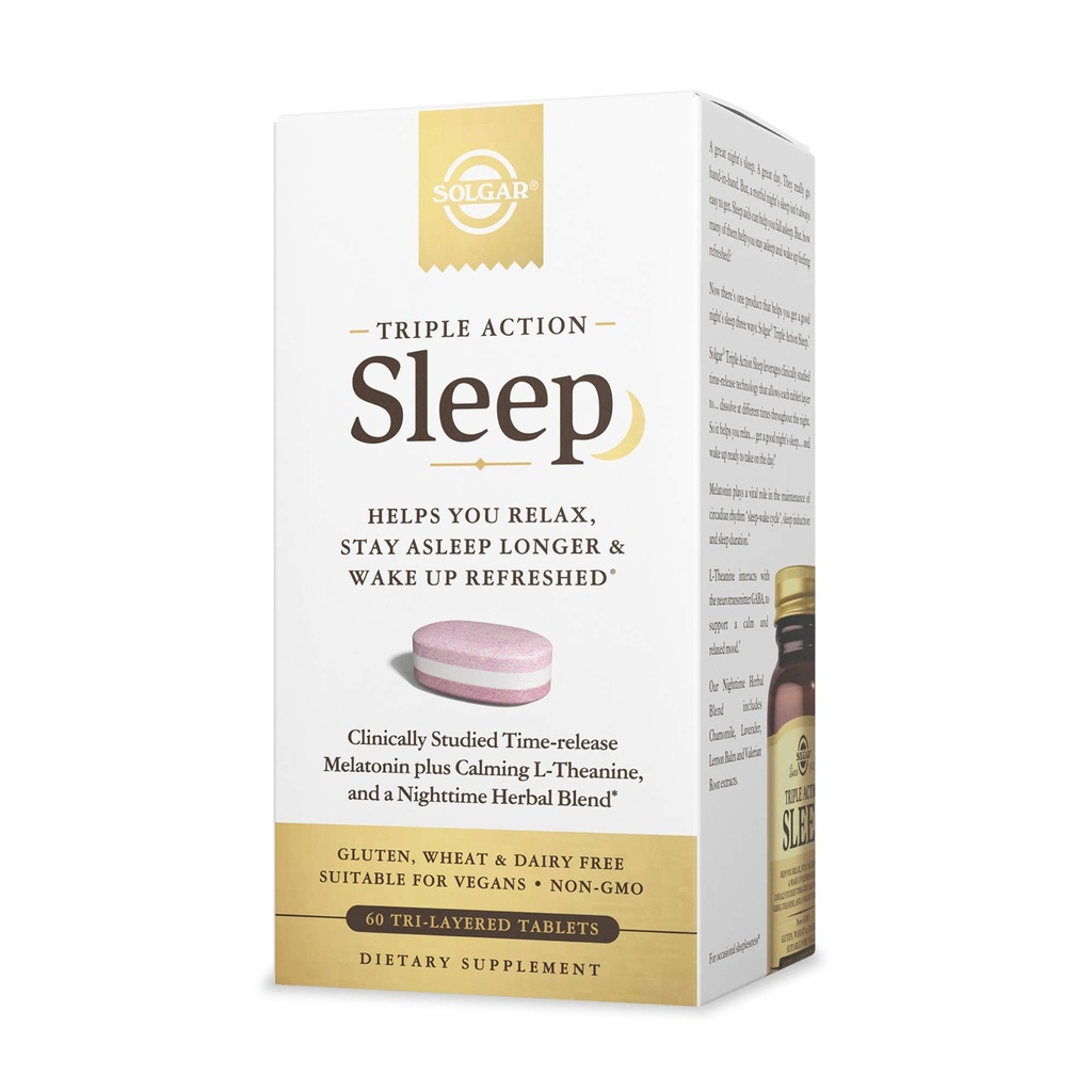 Solgar Triple Action Sleep, 60 Tri-Layer Tablets - Time-Release Melatonin & L-Theanine Plus Kräutermischung - Hilft Ihnen, sich zu entspannen, Fall Asleep Fast & Stay Asleep Longer - Non-GMO, Gluten Free - 60 Portionen