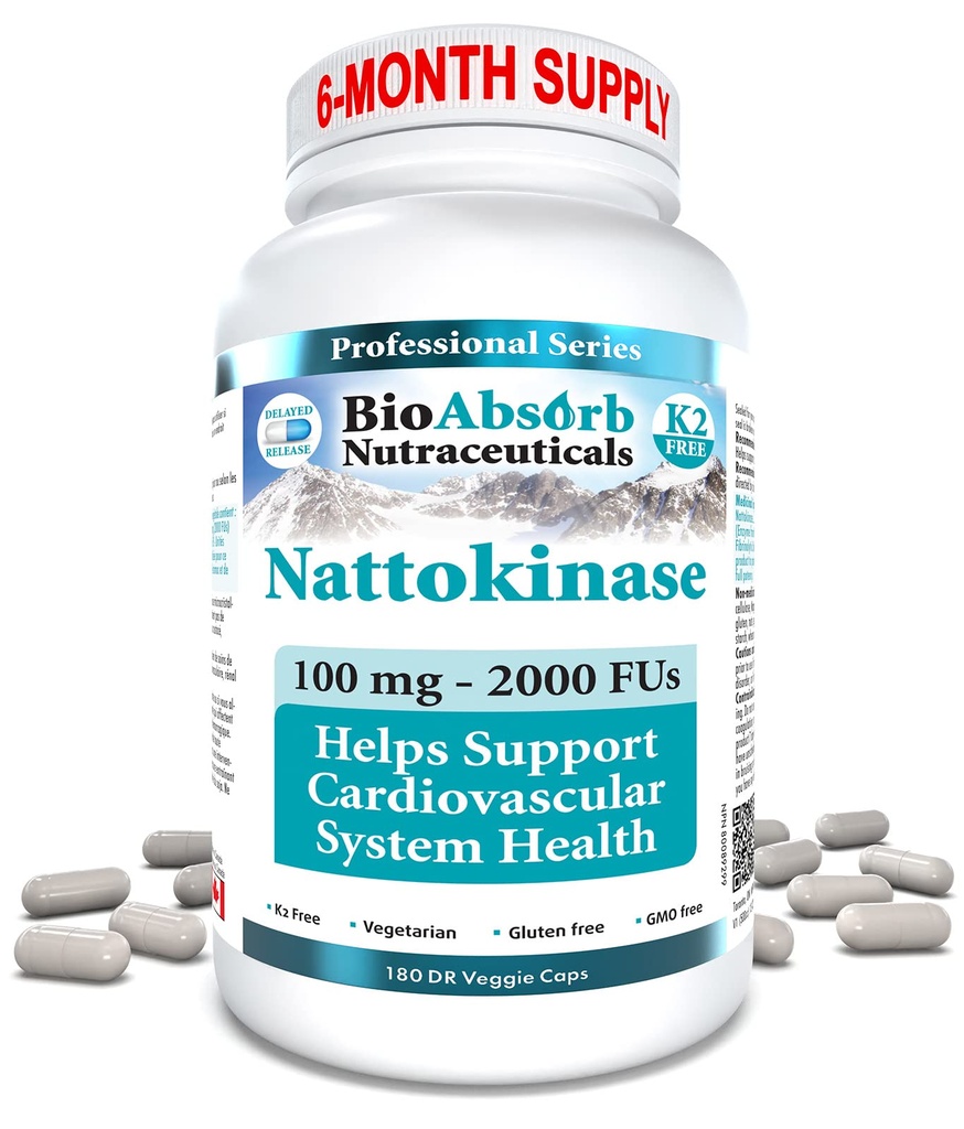 Bio Absorb Nattokinase Supplement. 100 mg, 2000 FUs 6-Monats-Versorgung. Non-GMO Natto Extract Enzym (180 Veggie Caps)