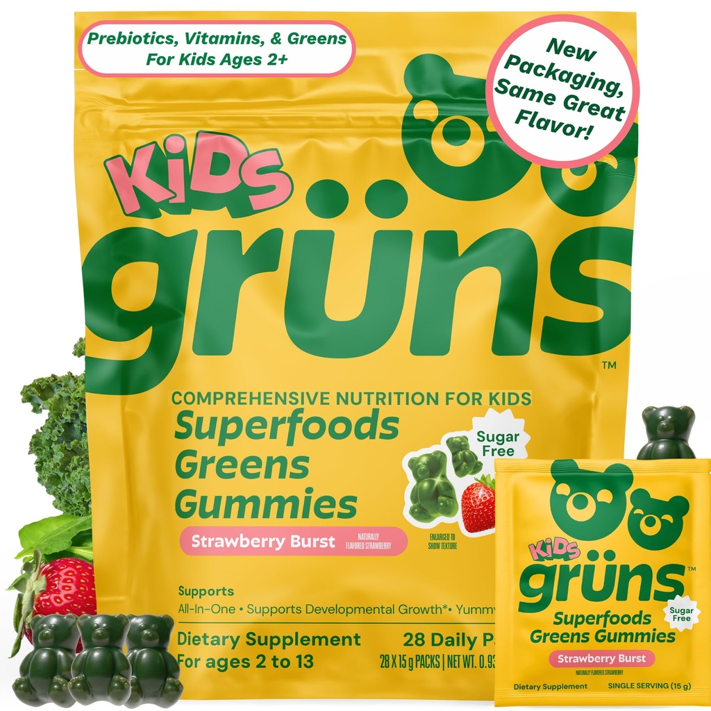 Gruns Vitamines enfants, Gommies Super Verts, Ours Gommy sans sucre avec Spiruline, Chlorella, Fibre prébiotique pour la santé digestive, Supplément Adaptogènes, 20 Vitamines et Minéraux, 28 jours Pack