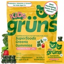 Gruns Vitamines enfants, Gommies Super Verts, Ours Gommy sans sucre avec Spiruline, Chlorella, Fibre prébiotique pour la santé digestive, Supplément Adaptogènes, 20 Vitamines et Minéraux, 28 jours Pack