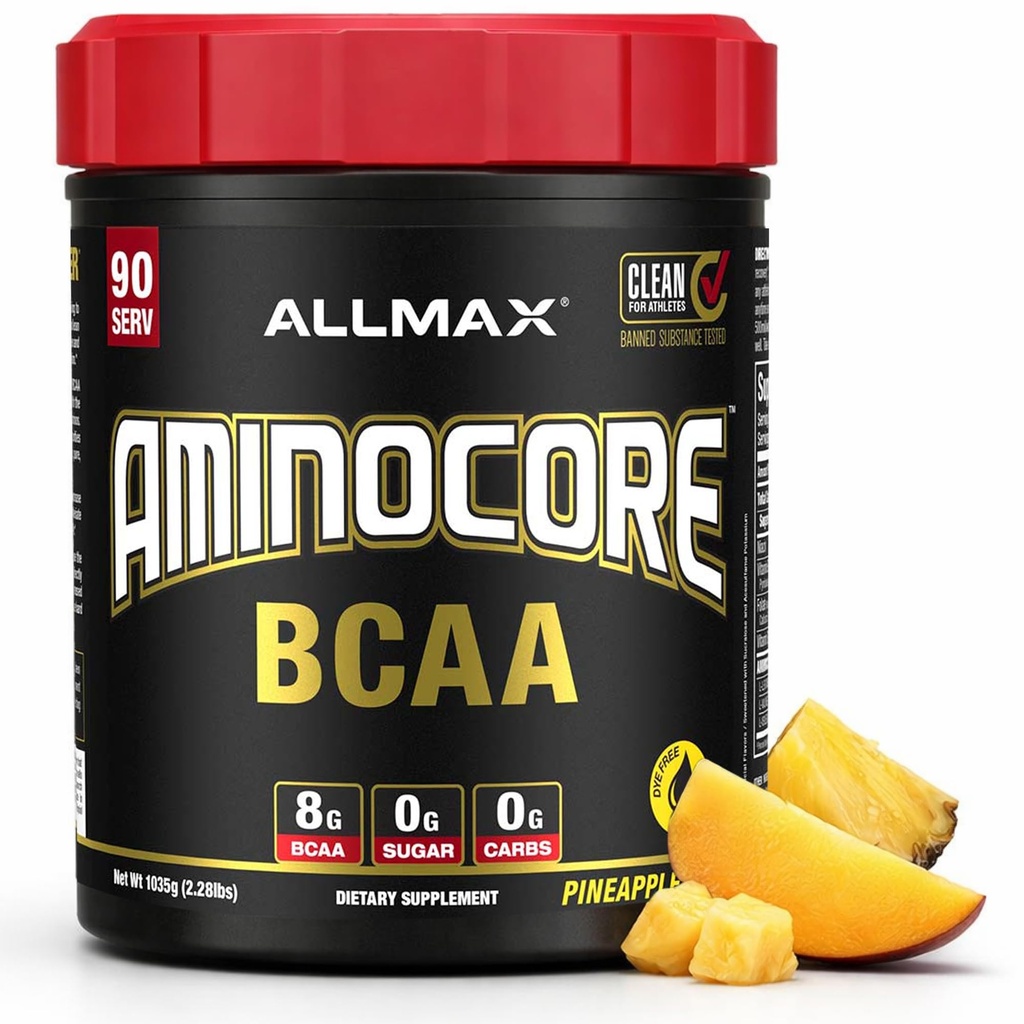 ALLMAX Nutrition AMINOCORE BCAA, Mangue des ananas - 945 g Poudre - 8,18 Grams d'acides amin à chaîne ramifiée par portion - avec des vitamines B - Pas de remplissage ou de non-BCAA Aminos - Sans sucre - 90 portions
