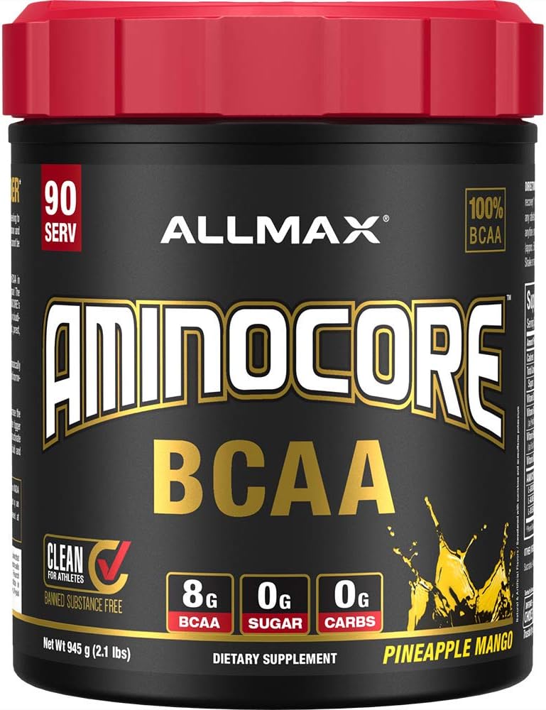 ALLMAX Nutrition AMINOCORE BCAA, Ananas Mango - 945 g Pulver - 8.18 Gramm verzweigtkettige Aminsäuren pro Portion - mit B Vitaminen - keine Füllstoffe oder nicht-BCAA Aminos - Zuckerfrei - 90 Portionen