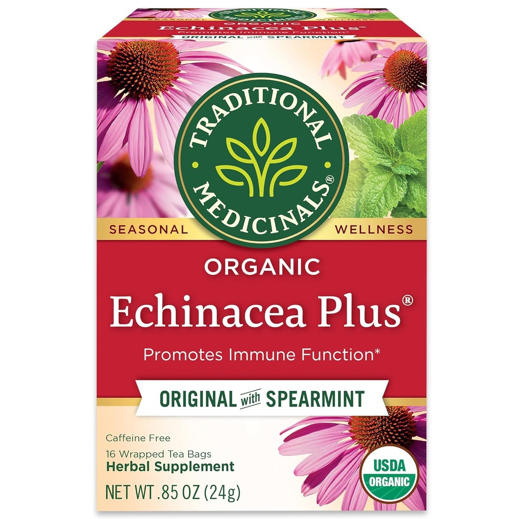 Médicaments traditionnels Echinacée biologique Plus avec thé à base de plantes Spearmint, favorise la fonction immunitaire, (paquet de 1) - 16 sachets de thé