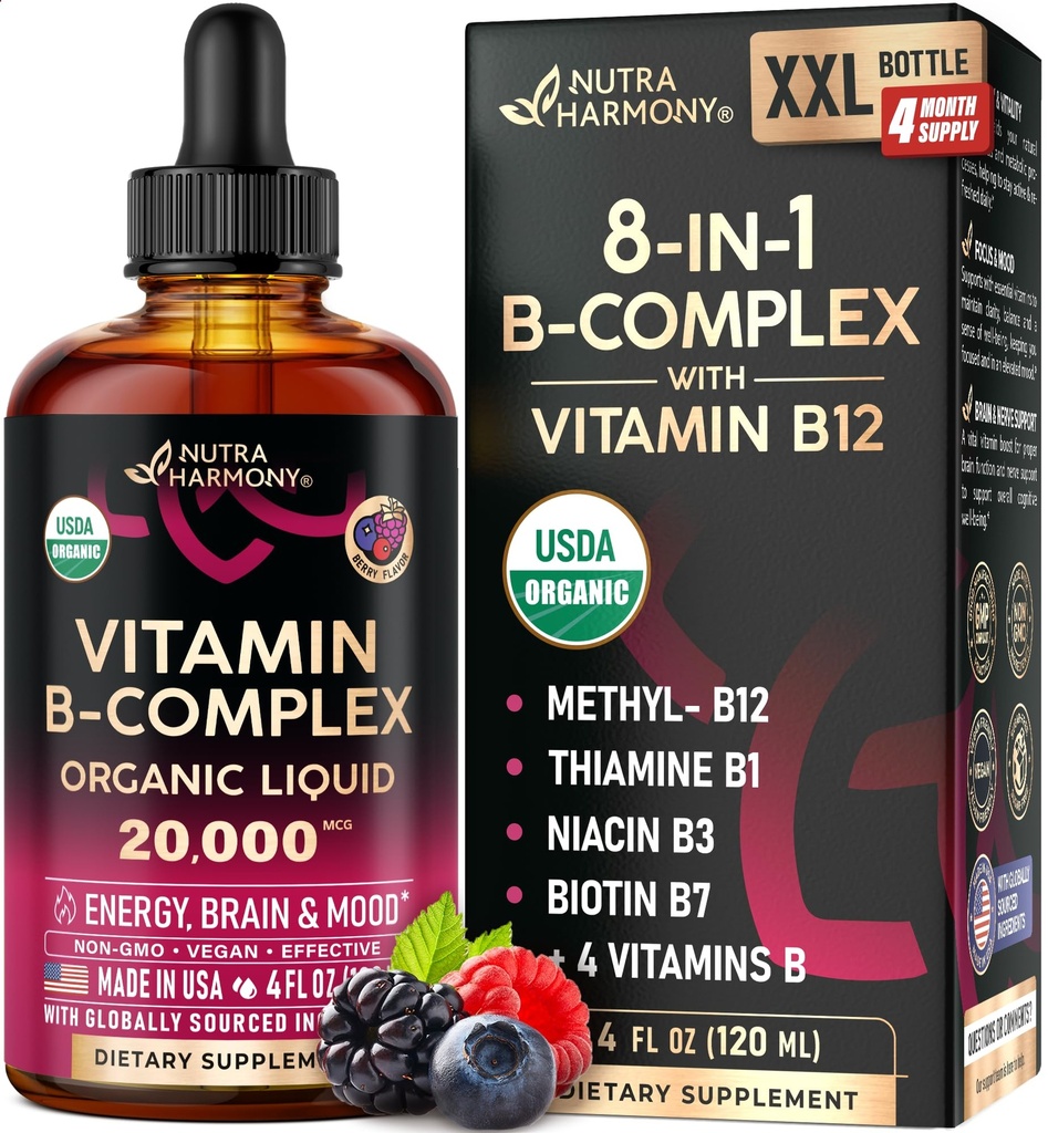 USDA Bio Vitamin B-Komplex B5 Pantothensäure | B12 Methylcobalamin | B1 Thiamin | B6 Pyridoxin | B7 Biotin | B9 Folic | B3 Niacinamid - B Complex Liquid Drops, Made in USA Supplement, 4fl oz