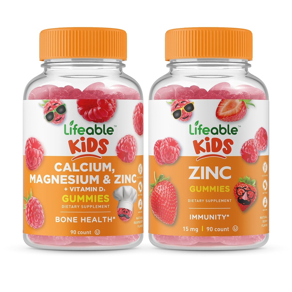 Lebensfähiges Calcium Magnesium & Zink Kinder + Zink Kinder, Gummis Bundle - Große Verkostung, Vitamin-Ergänzung, Glutenfrei, GVOfrei, Kaugummi