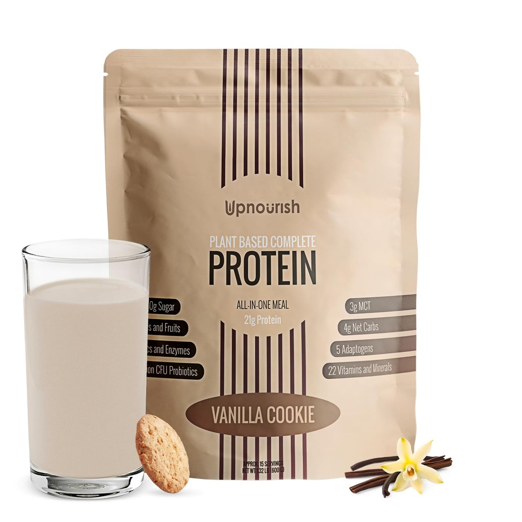 UpNourish Vanilla Cookie Poudre de protéines végétaliennes 54 Superaliments Poudre,1,5 milliard d'UFC Probiotiques 21g Protéines végétales, Pas de sucre Pas de lait Pas d'OGM Sans lait, Remplacement des repas Shake Keto-friendly Low-Carb Diet,15 portions