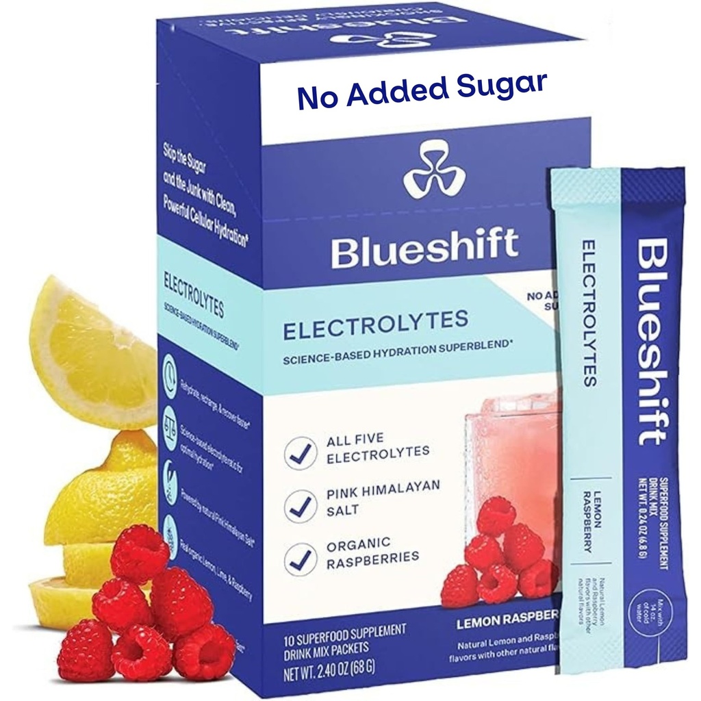 Blueshift Elektrolyte - Natürliche Elektrolyte Pulver-Packets, Organische Hydration-Packets, Elektrolyt-Getränk-Mix-Sticks mit keinen Zucker, Einzel-Serve-Pack - Zitronen Himbeer Geschmack, Pulver-Sticks (10 Pack)