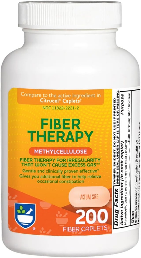 Rite Aid Fiber Therapy Soluble Fiber Supplement 200 Caplets, 500mg Methylcellulose, Laxatives for Constipation, Fiber Pills für Erwachsene