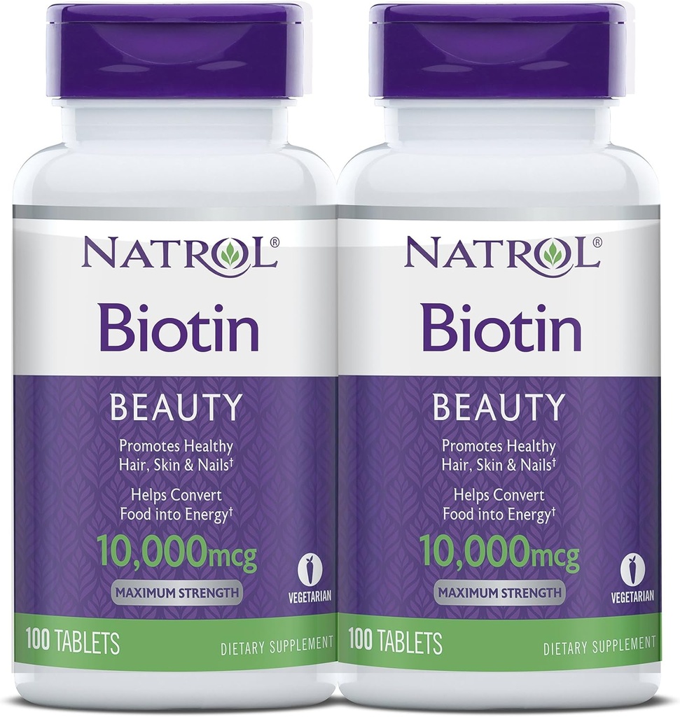 Natrol Biotin comprimés de beauté, favorise les cheveux, la peau et les ongles sains, aide à soutenir le métabolisme énergétique, aide à convertir les aliments en énergie, la force maximale, 10 000mcg, 100 comtes (paquet de 2)