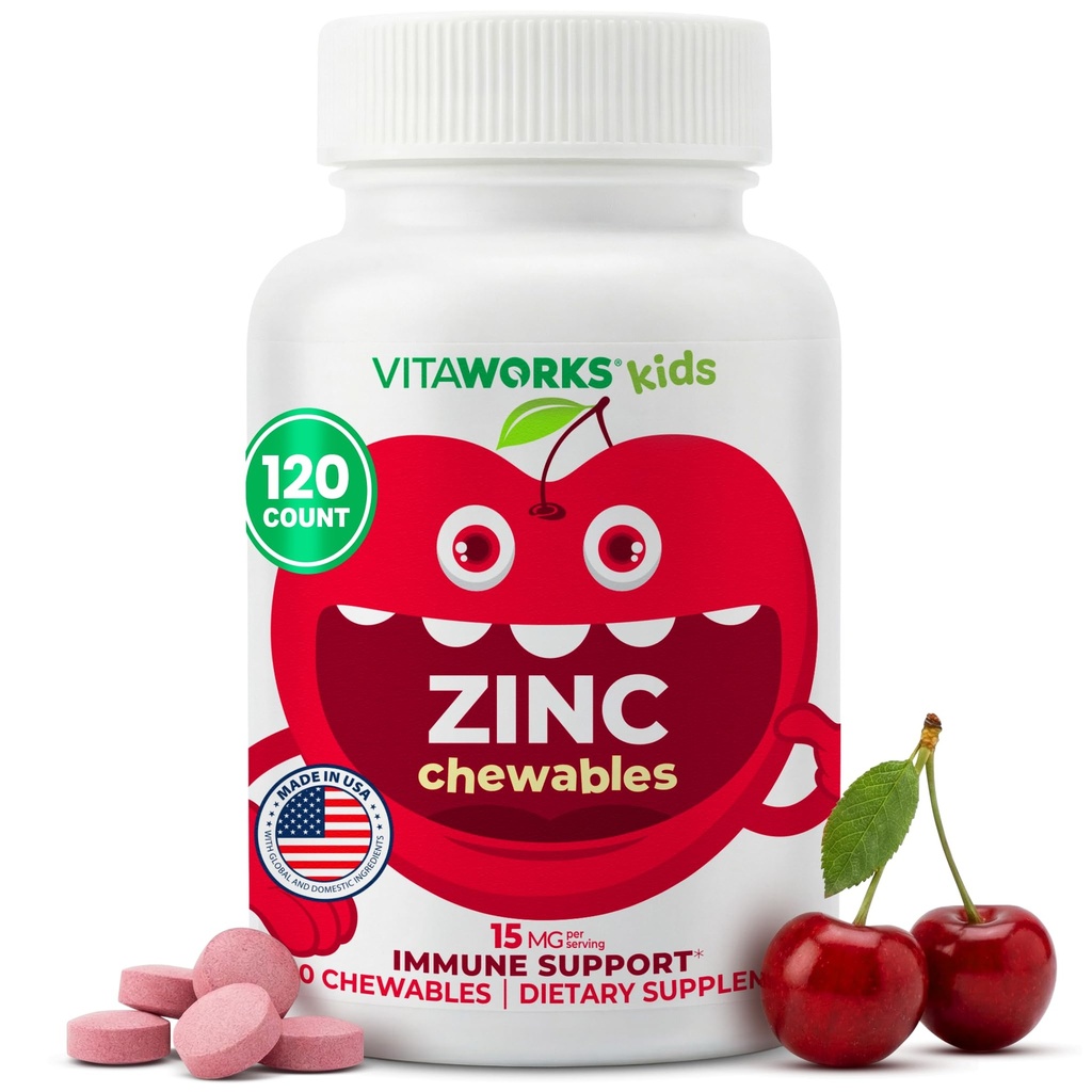 Kinder Zink 15mg Chewable Tablets - Natürliche Kirsche Flavor - Vegan, Vegetarisch, GMO-frei, Glutenfrei, Nußfreie Vitamine - Nahrungsergänzungsmittel für Immununterstützung - für Kinder - 120 Chewables