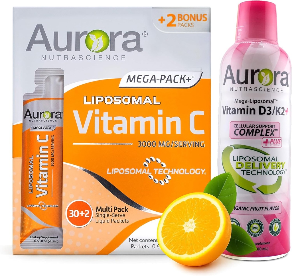 Aurora Nutrascience Mega Liposomal Vitamin C 32 Pack + Vitamin D3/K2 Flaschen-Bündel - Ergänzung für Immununterstützung & Kognitive Gesundheit - 32 Portionen