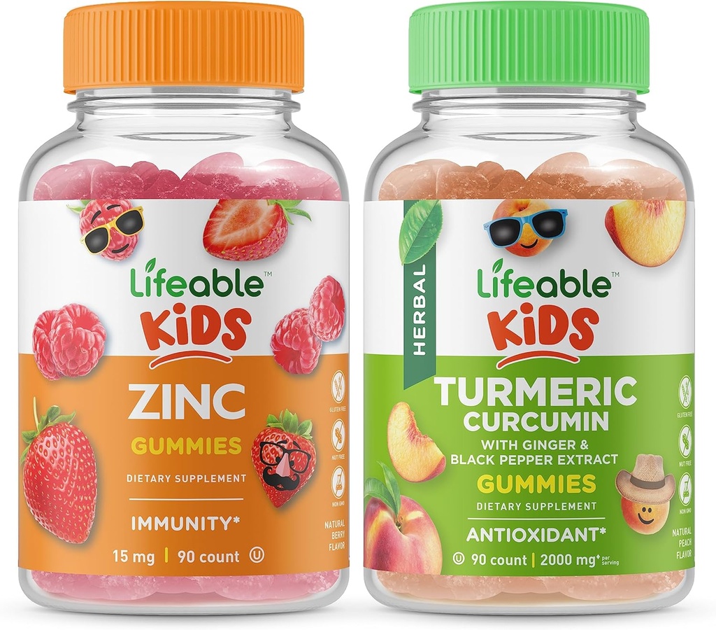 Lebendige Zink Kids + Kurkuma Kinder, Gummis Bundle - Große Verkostung, Vitamin-Ergänzung, Glutenfrei, GMO frei, Kaugummi