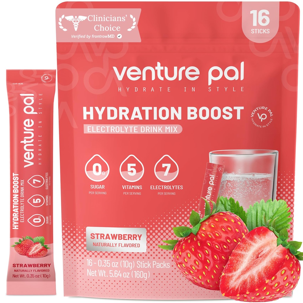 Venture Pal Sugar Free Electrolyte Powder Packets - Liquid Daily IV Drink Mix for Rapid Hydration & Party Recovery | 5 Vitamine & 7 Elektrolyte| Keto Friendly | Non-GMO | Certified Vegan | 16 Sticks
