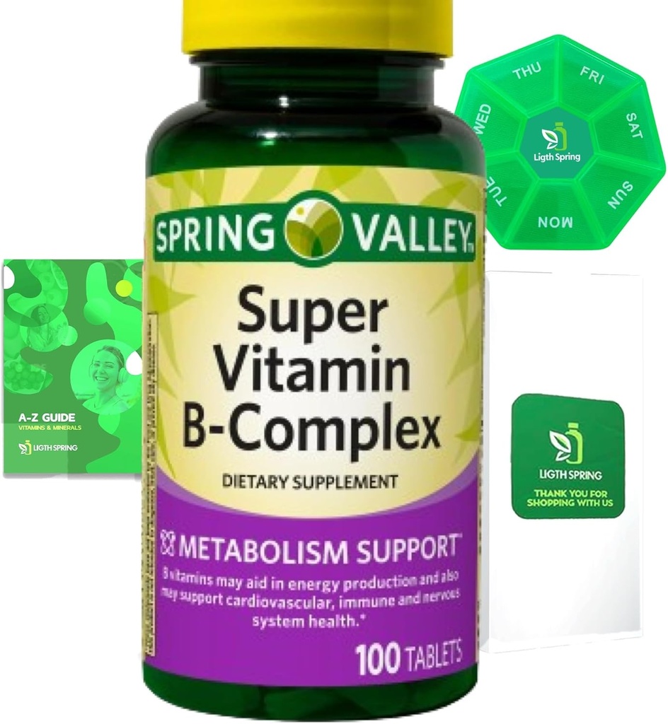 Super Vitamin B-Complex 100 Tabletten Nahrungsergänzungsmittel Bundle Exklusive bessere Ligth&Spring Guide + Wöchentliche Pille Organisieren (3 Artikel)