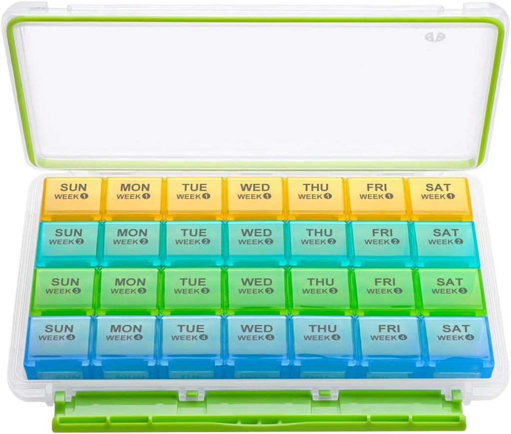 BUG HULL Monatliche Pille Organizer, Moisture-Proof große 28 Tage Pille Box mit abnehmbaren 4 Wochen Pille Case Rows, Medizin Pill Organizer, Reise Pillen Organizer mit einem Monat Pille Behälter für Vitamin