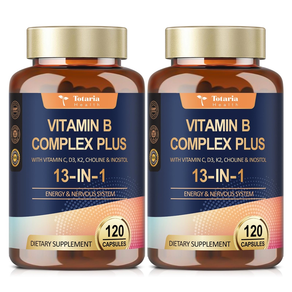 Complexe 13-en-1 de vitamine B plus avec vitamine B1, B2, B3 (Niacine), B4, B5, B6, B7 (Biotine), B8 (Inositol), B9 (Flate), B12, C, D3, K2 pour l'énergie, Nerve, Immune, peau - 120 capsules par bouteille - 2 bouteilles